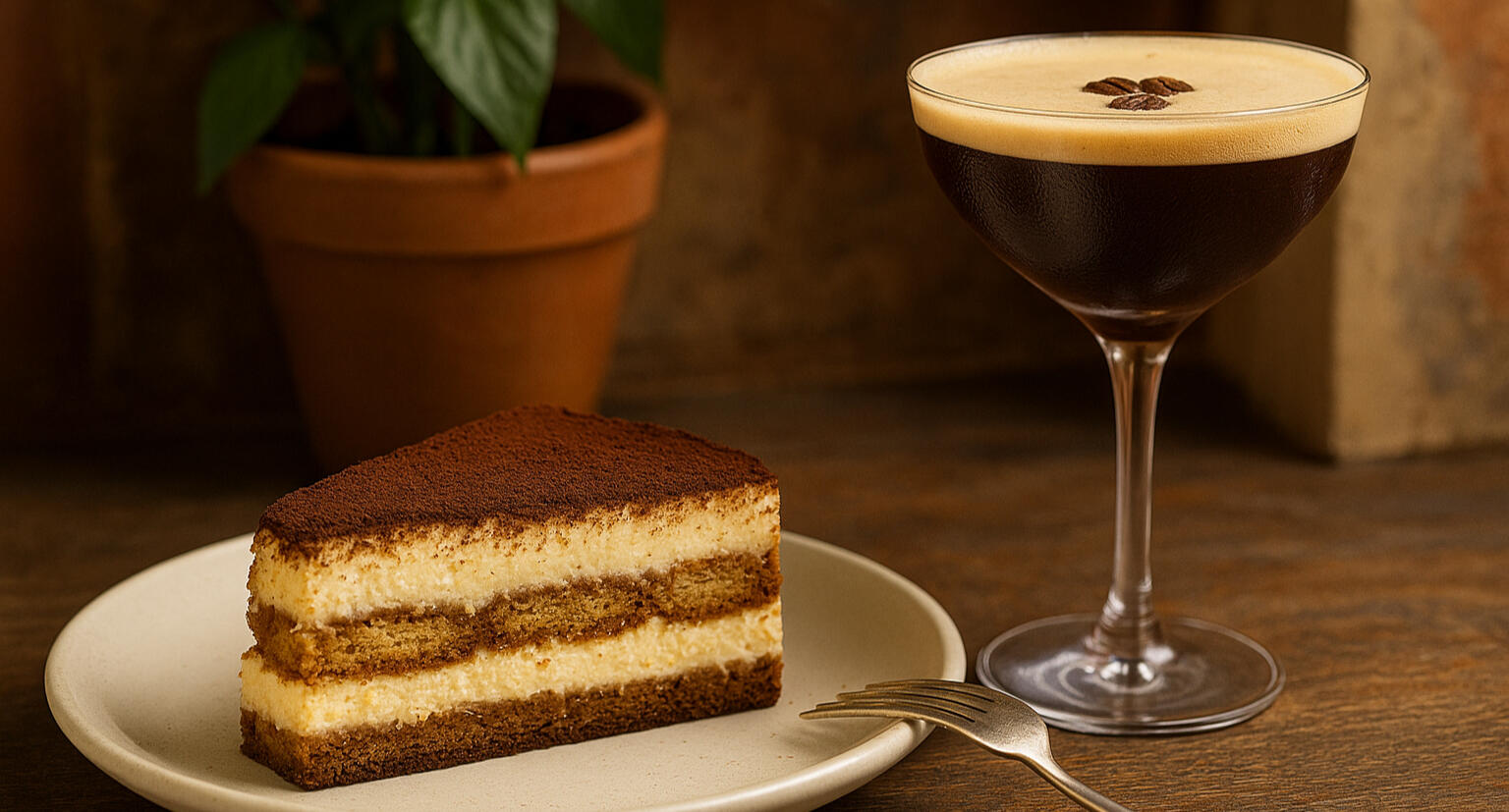 A classic espresso martini in a Nick and Nora glass, paired with a plate creamy of tiramisu